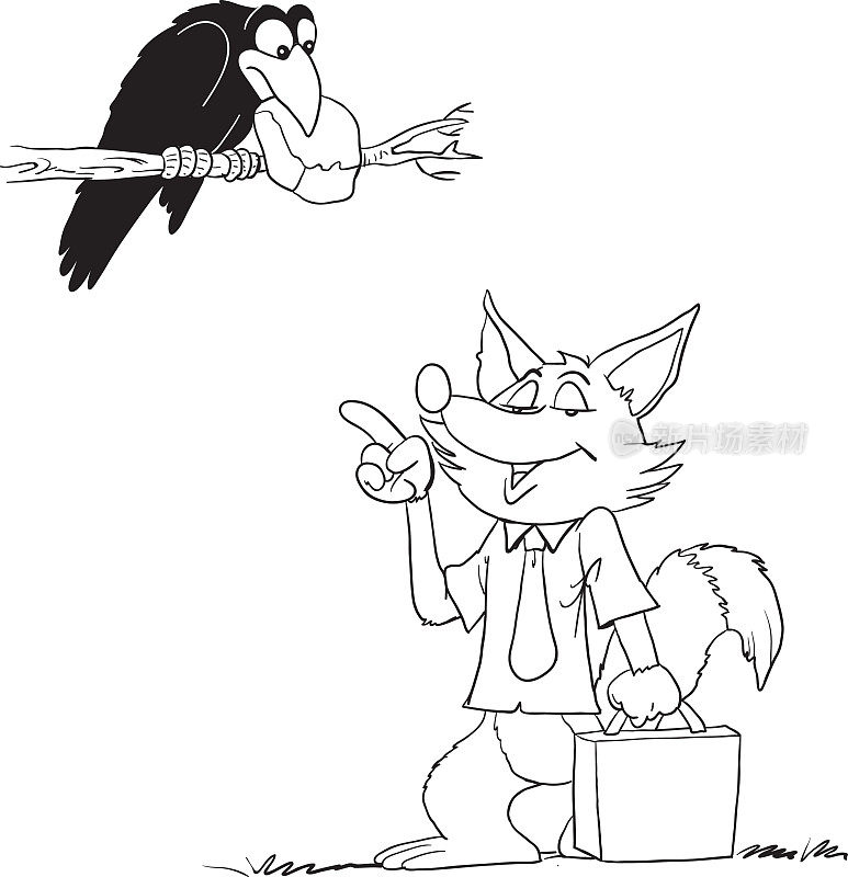 Fox and the Raven with cheese holding in beak - Vector